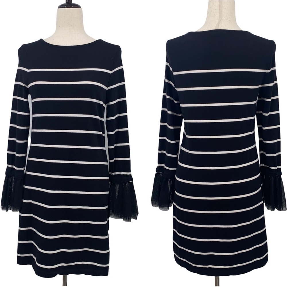 BEACHLUNCHLOUNGE Black With White Stripped Ruffle Cuff Shift Dress, Size XS
